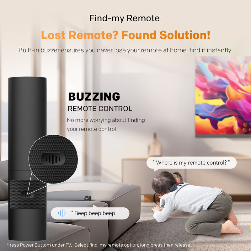 A black cylindrical smart remote control with a circular close-up inset of its speaker grille, shown in a living room scene with a child kneeling near a TV. Text reads 'Find-my Remote', 'Lost Remote? Found Solution!', and 'BUZZING REMOTE CONTROL', advertising a lost remote finder feature.
