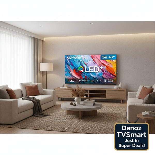 A 43-inch SKYWORTH QLED+ smart TV shown from the front on a white background, with a colorful abstract display and feature badges including Dolby Audio, Google TV, and Find-my Remote.