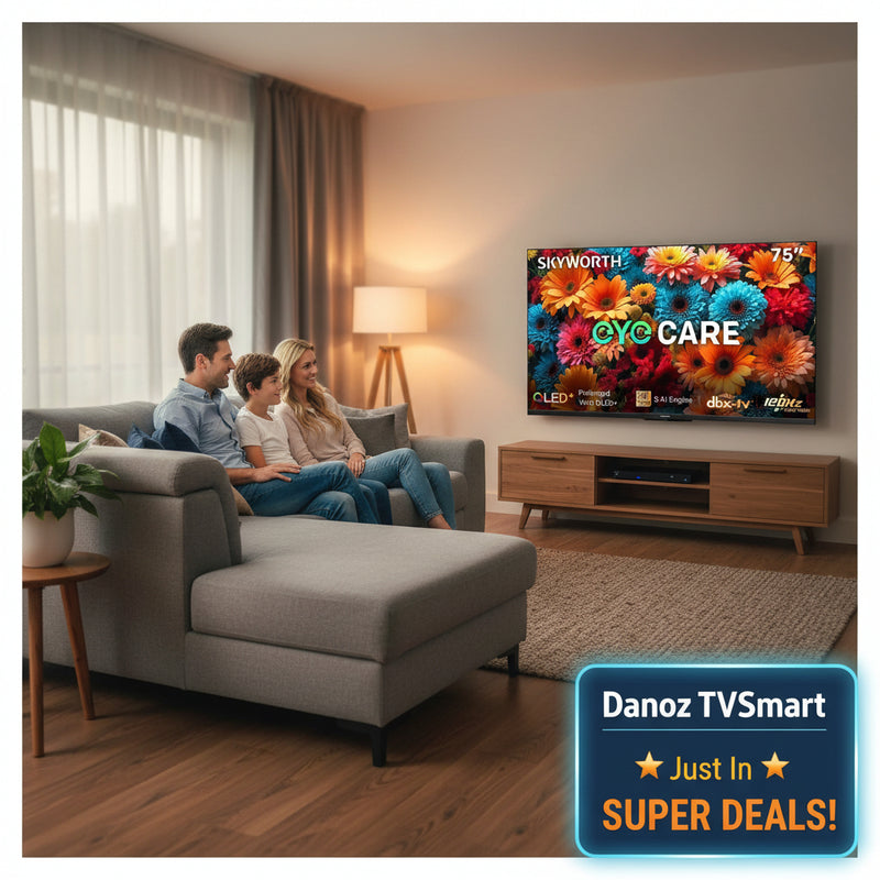 A 75-inch SKYWORTH LED-TV with a slim black bezel and dual metal stand legs, shown against a plain white background. The screen is active with a vibrant floral pattern and various feature badges including 'EYE CARE', 'OLED+', 'SAI Engine', and 'dbx-tv 120Hz Turbo Mode'.