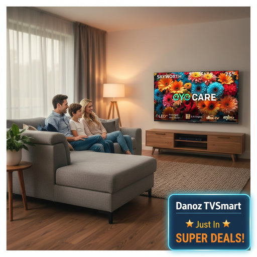 A 75-inch SKYWORTH LED-TV with a slim black bezel and dual metal stand legs, shown against a plain white background. The screen is active with a vibrant floral pattern and various feature badges including 'EYE CARE', 'OLED+', 'SAI Engine', and 'dbx-tv 120Hz Turbo Mode'.