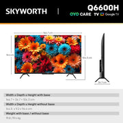 SKYWORTH Q6600H 75-inch TV shown with front, side, and back views, including dimensions and weight specifications on a white background with a black header.