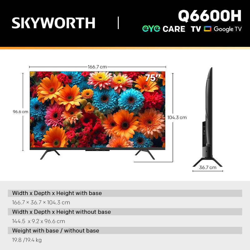 SKYWORTH Q6600H 75-inch TV shown with front, side, and back views, including dimensions and weight specifications on a white background with a black header.