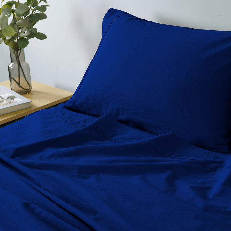 Danoz Beddings - Royal Comfort Vintage Washed 100% Cotton Sheet Set Fitted Flat Sheet Pillowcases - Single - Royal Blue