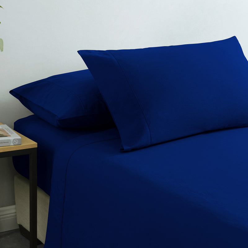 Danoz Beddings - Royal Comfort Vintage Washed 100% Cotton Sheet Set Fitted Flat Sheet Pillowcases - Double - Royal Blue