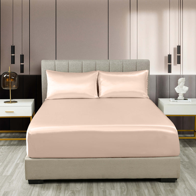 Danoz Beddings - Royal Comfort Satin Sheet Set 3 Piece Fitted Sheet Pillowcase Soft  - King - Champagne Pink