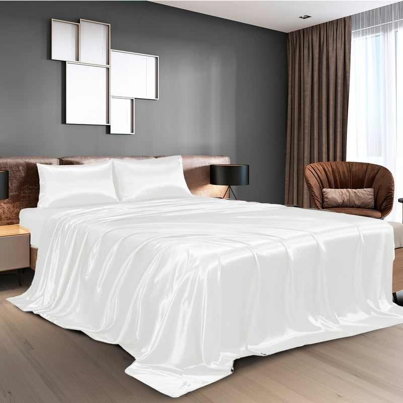 Danoz Beddings - Royal Comfort Satin Sheet Set 4 Piece Fitted Flat Sheet Pillowcases  - King - White
