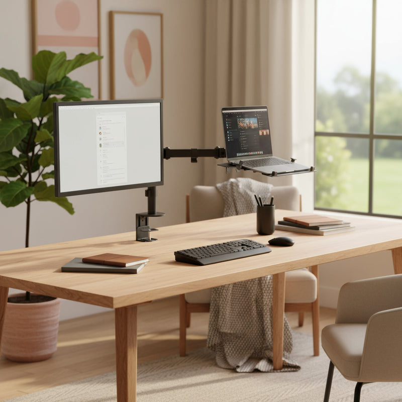 Danoz Smart - Brateck Monitor Stand Economical Double Joint Articulating Steel Monitor Arm with Laptop Holder Fit Most 13'-32' Monitors, Up to 8kg/Screen