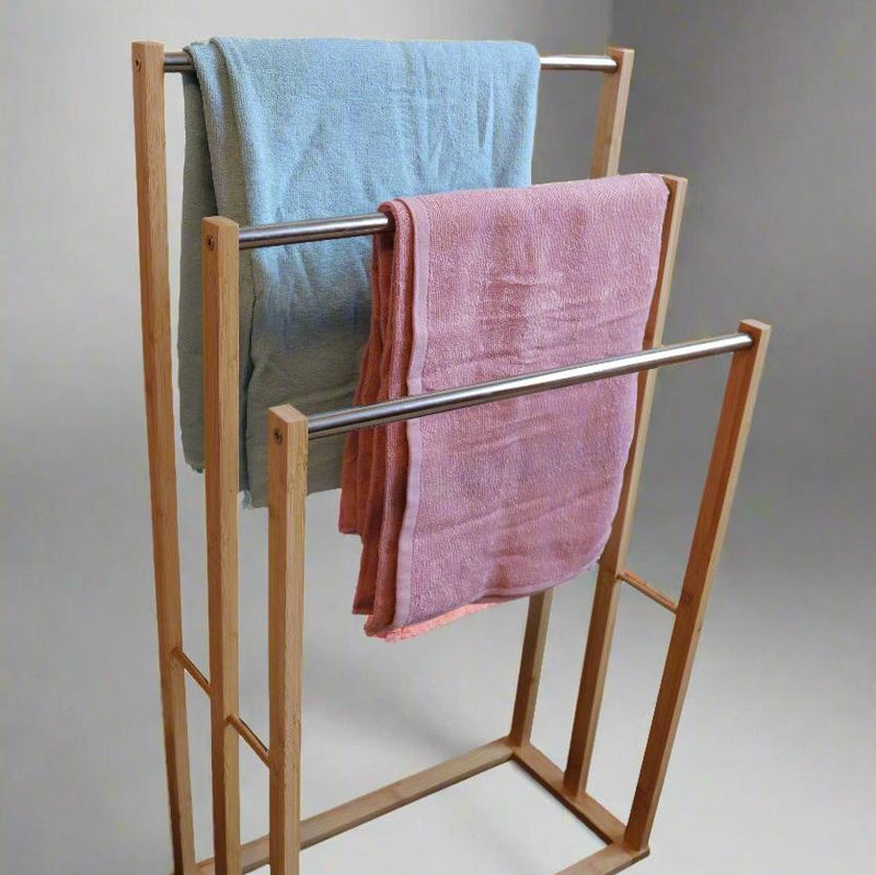 Danoz Furniture - Bamboo Towel Bar Metal Holder Rack 3-Tier Freestanding for Bathroom and Bedroom