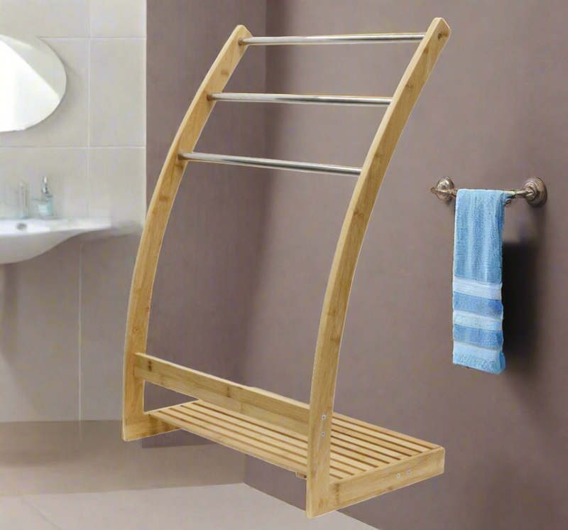 Danoz Furniture - Upgrade your bathroom storage with our Bamboo Towel Bar Metal Holder Rack 3-Tier Freestanding and Bottom shelf