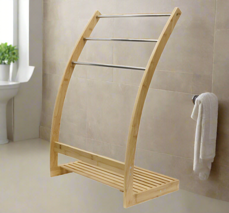 Danoz Furniture - Upgrade your bathroom storage with our Bamboo Towel Bar Metal Holder Rack 3-Tier Freestanding and Bottom shelf