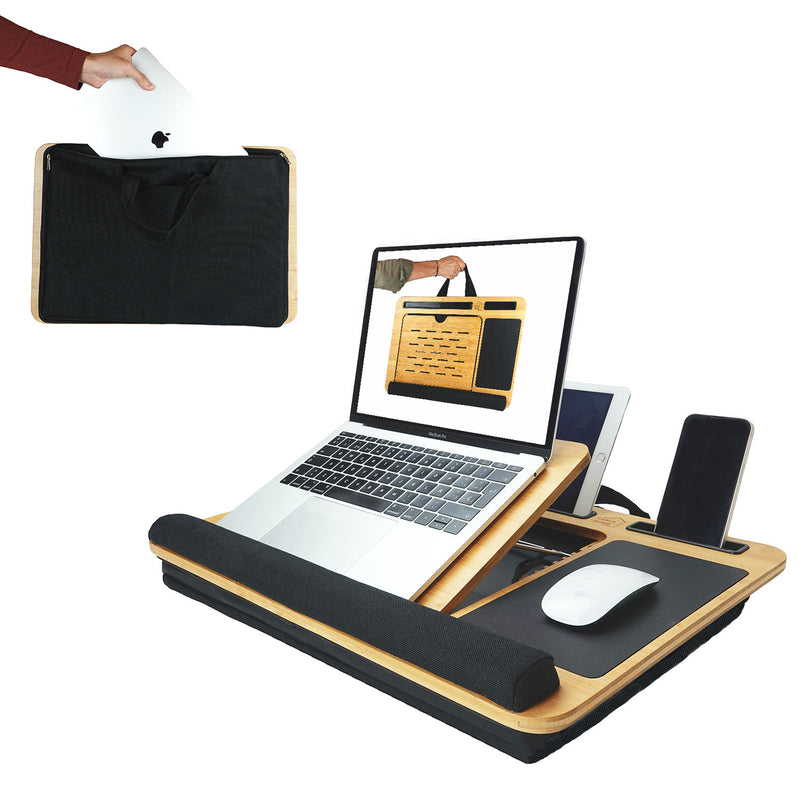 Danoz Direct - CARLA HOME Bamboo Laptop Lap Desk with Cushion, Angle Adjustable and Sleeve Case Bag for Office and Home