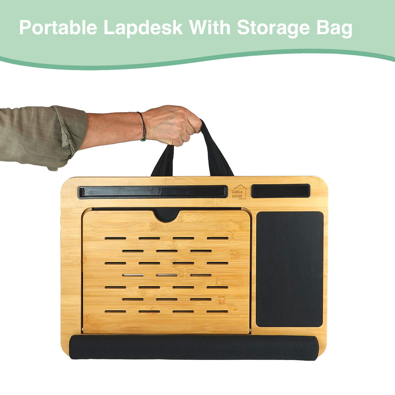 Danoz Direct - CARLA HOME Bamboo Laptop Lap Desk with Cushion, Angle Adjustable and Sleeve Case Bag for Office and Home