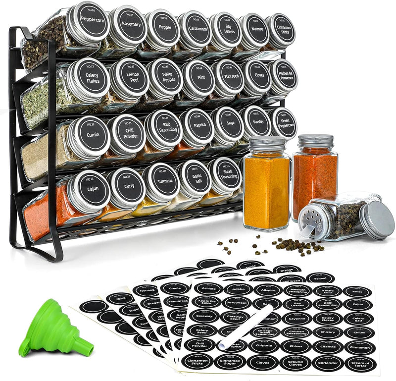 Danoz Kitchen - Spice Rack organiser with 28 Spice Jars, Spice Labels, Funnel and Marker for Kitchen Countertop