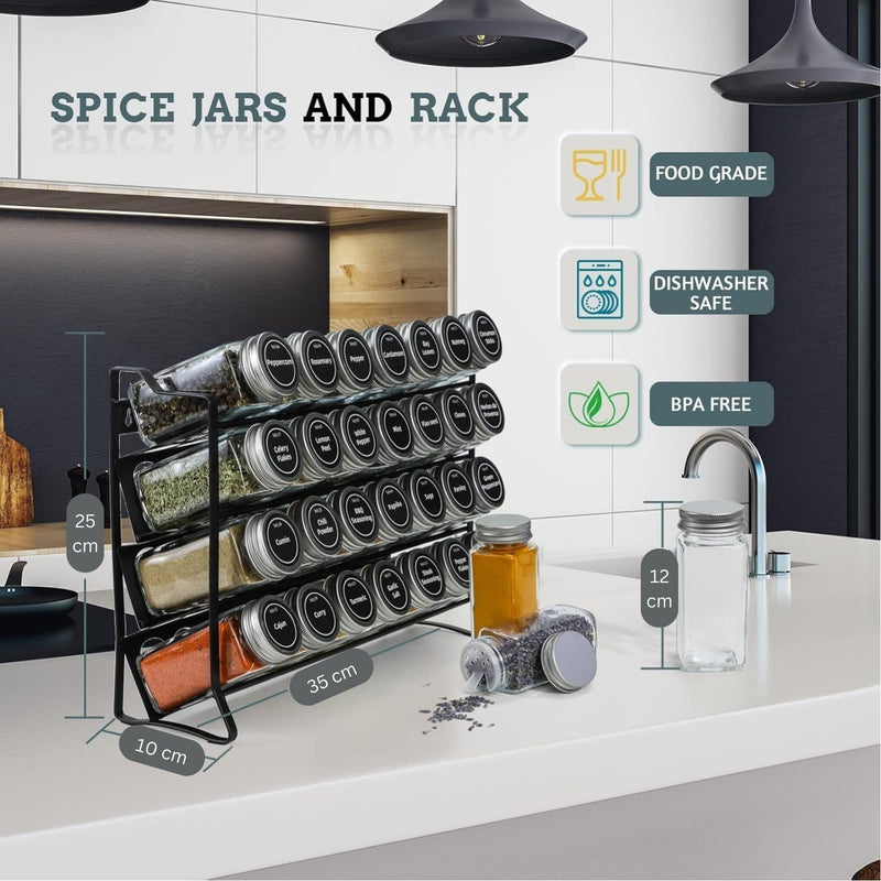 Danoz Kitchen - Spice Rack organiser with 28 Spice Jars, Spice Labels, Funnel and Marker for Kitchen Countertop