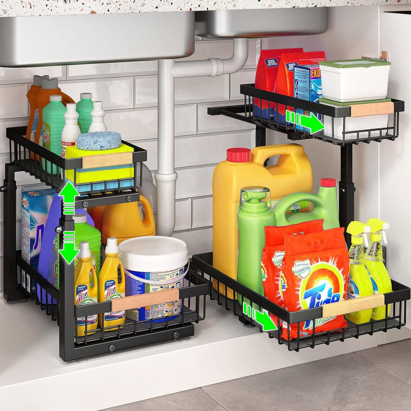 Danoz Direct - 2-Tier Kitchen Under Sink Organiser Storage with Height Adjustable, Unique Slide Rail & Suction Cups for Storage