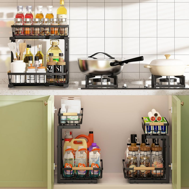 Danoz Direct - 2-Tier Kitchen Under Sink Organiser Storage with Height Adjustable, Unique Slide Rail & Suction Cups for Storage