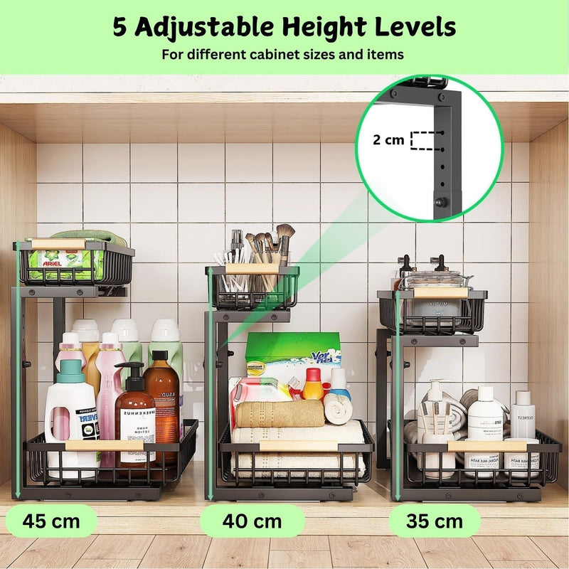 Danoz Direct - 2-Tier Kitchen Under Sink Organiser Storage with Height Adjustable, Unique Slide Rail & Suction Cups for Storage