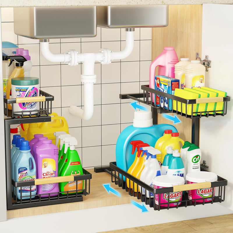 Danoz Direct - 2-Tier Kitchen Under Sink Organiser Storage with Height Adjustable, Unique Slide Rail & Suction Cups for Storage