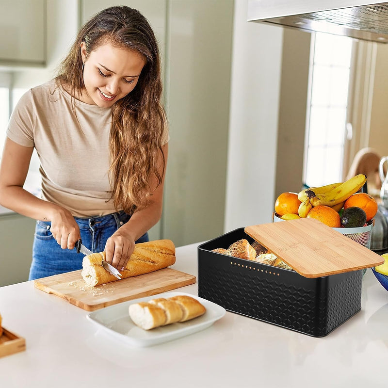 Danoz Direct - Bread Bin with Bamboo Lid used as Chopping Board for Kitchen Countertop