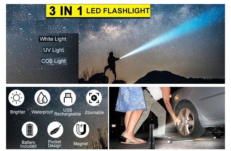 Danoz Direct - 7 Modes Waterproof Rechargeable UV Light Flashlight Torch for Camping