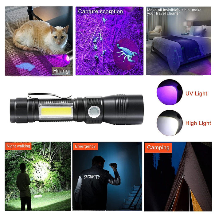 Danoz Direct - 7 Modes Waterproof Rechargeable UV Light Flashlight Torch for Camping