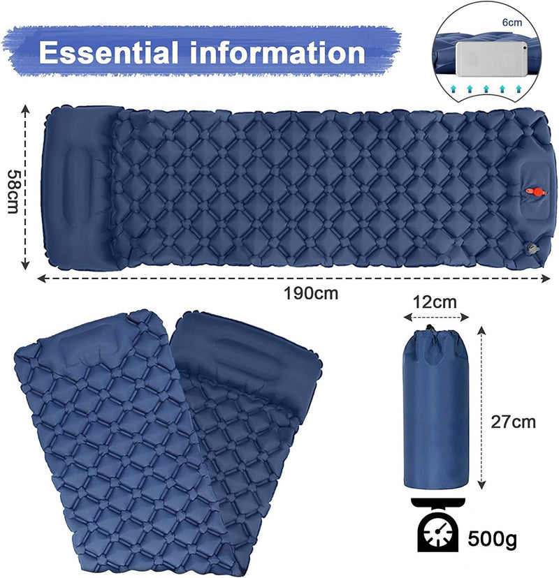 Danoz Direct - Ultralight Inflatable Camping Sleeping Pad with Pillow for Travelling and Hiking
