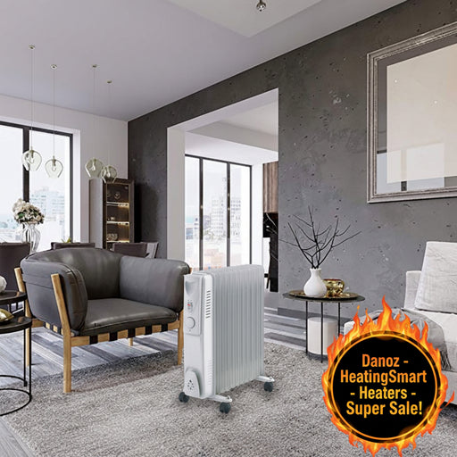 Modern living room with a space heater in the center.