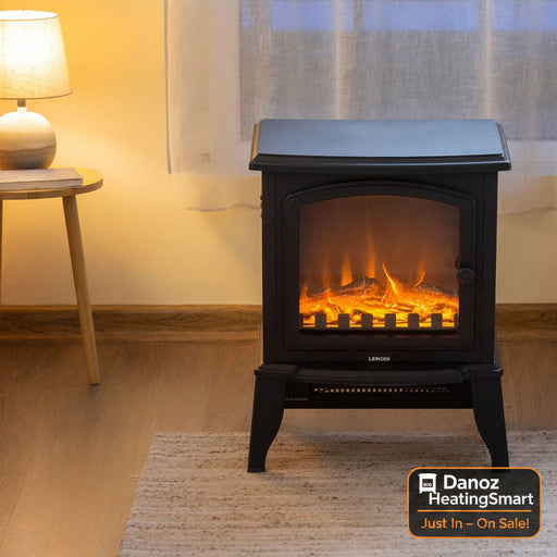 Electric stove with flame effect in a living room setting