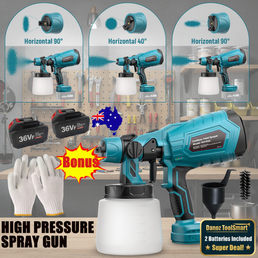 High pressure spray gun with attachments and gloves on a white background
