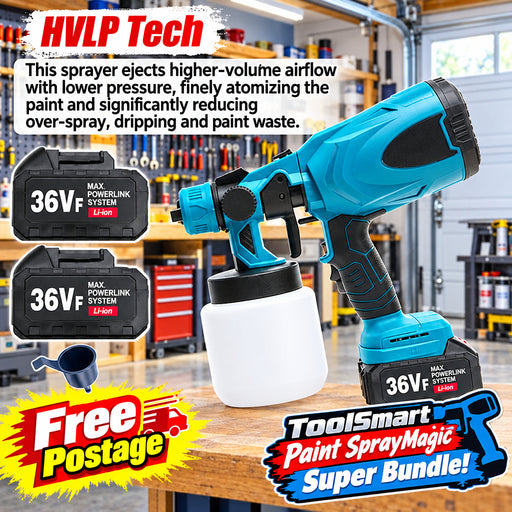 HVLP paint sprayer with batteries and accessories on a wooden surface