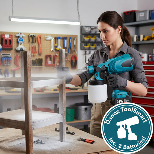 Woman using a power sprayer on a wooden chair in a workshop with tools and equipment in the background.