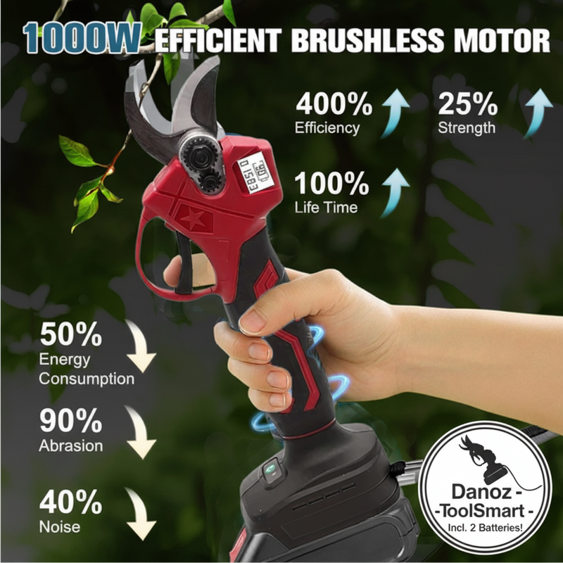 Handheld power tool with efficiency and performance metrics displayed on a dark green leafy background