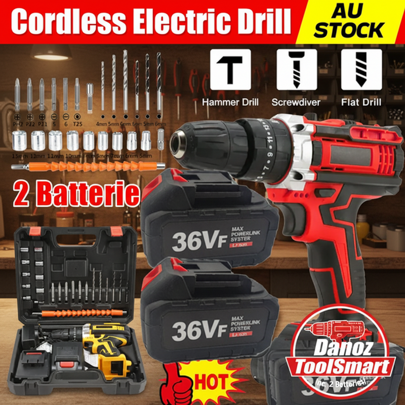 Cordless electric drill set with batteries and accessories on a white background