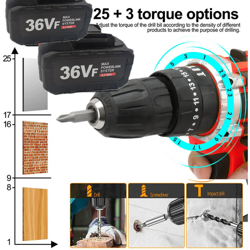 Danoz ToolSmart - Cordless Drill w/2 Battery Heavy Duty Impact Driver Kit Brushless Hammer Set
