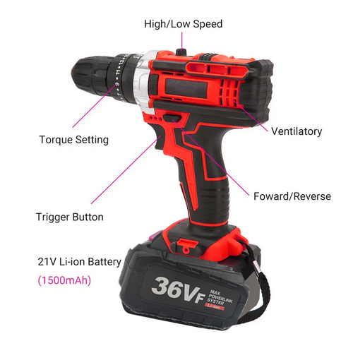 Danoz ToolSmart - Cordless Drill w/2 Battery Heavy Duty Impact Driver Kit Brushless Hammer Set