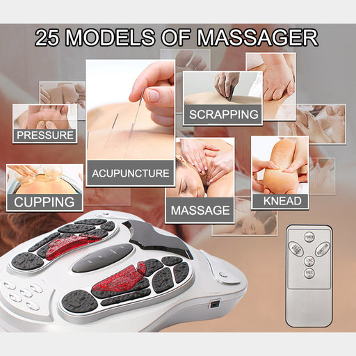 Massage device with various massage techniques displayed on a gray background