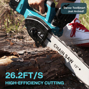 Person using a chainsaw to cut wood with text indicating high-efficiency cutting speed.
