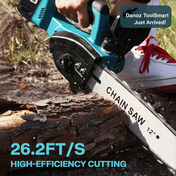 Person using a chainsaw to cut wood with text indicating high-efficiency cutting speed.