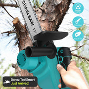 Person using a chain saw to cut a tree branch with product features highlighted.