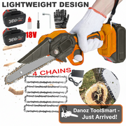 Electric chainsaw with accessories on a white background, featuring text about fast shipping and product features.