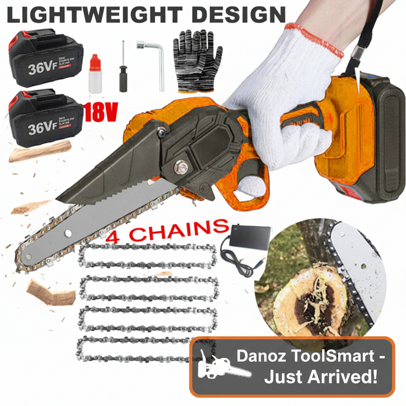 Electric chainsaw with accessories on a white background, featuring text about fast shipping and product features.