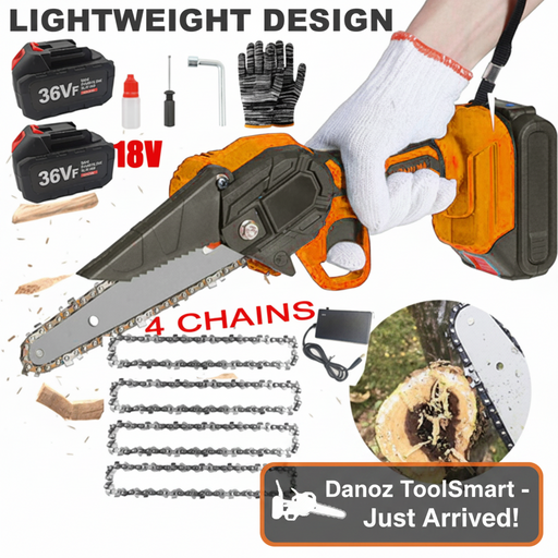 Electric chainsaw with accessories on a white background, featuring text about fast shipping and product features.