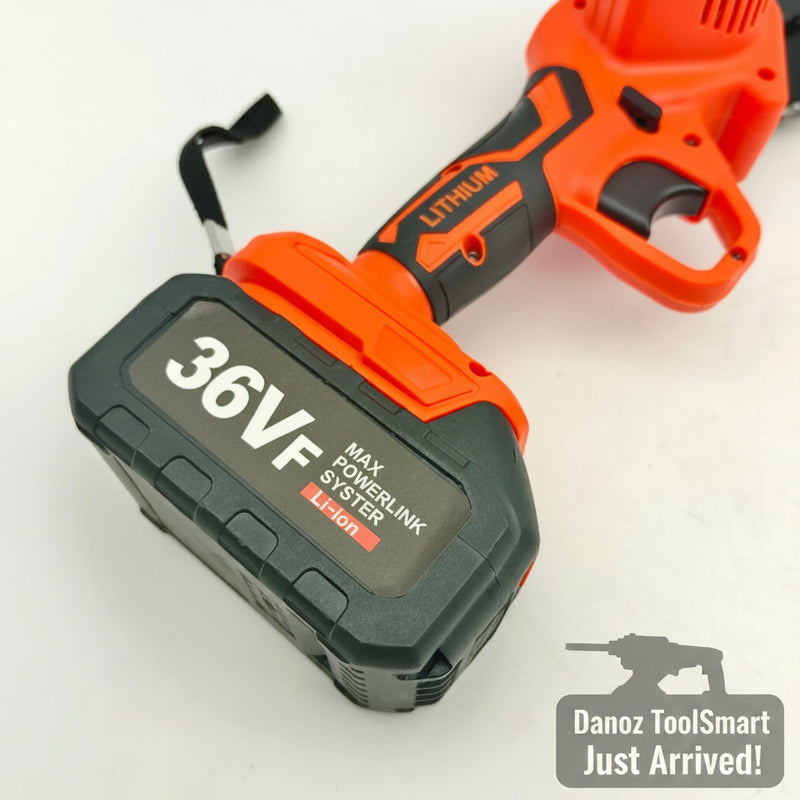 36VF battery pack with orange and black tool on a white background