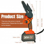 Orange and black chainsaw with measurements on a white background