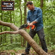 Orange and black power chain saw with 36VF battery on a light gray background