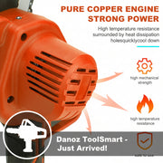 Orange power drill with text highlighting 'Pure Copper Engine Strong Power' on a white background
