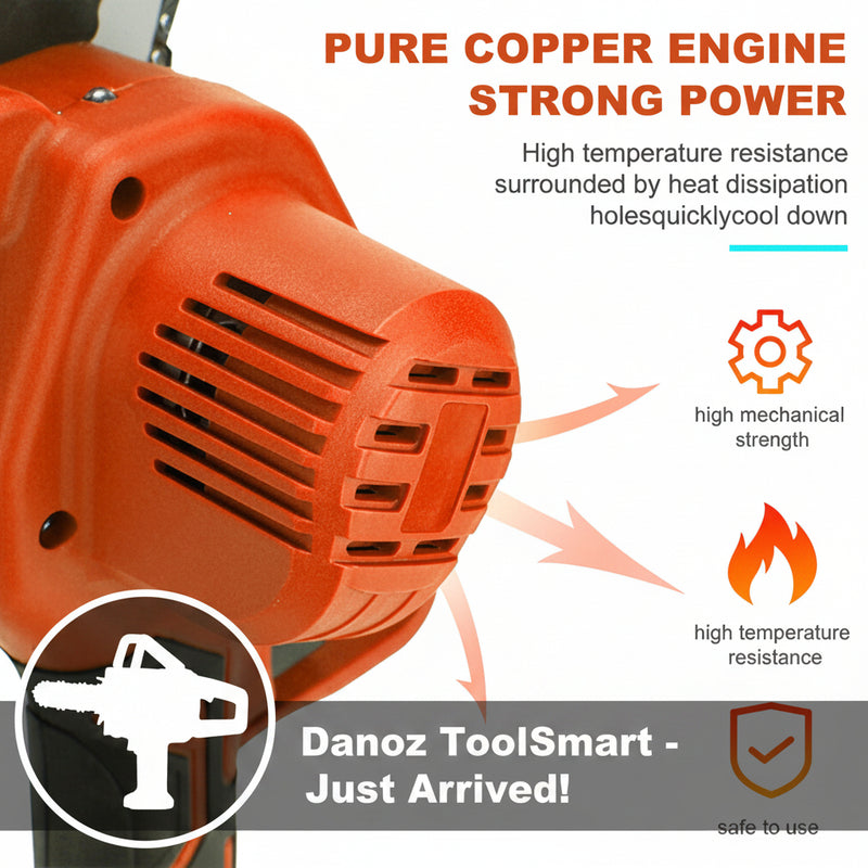 Orange power drill with text highlighting 'Pure Copper Engine Strong Power' on a white background