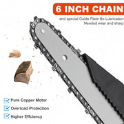 6 inch chain with a guide plate on a white background, featuring text about its features.