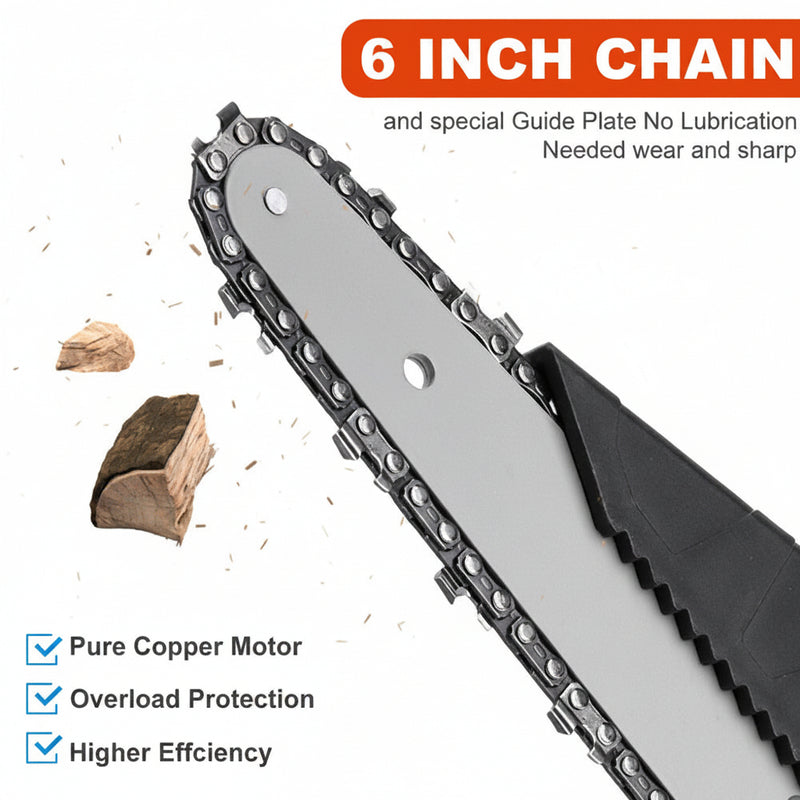 6 inch chain with a guide plate on a white background, featuring text about its features.