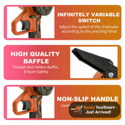 Chainsaw features with text labels on a white background